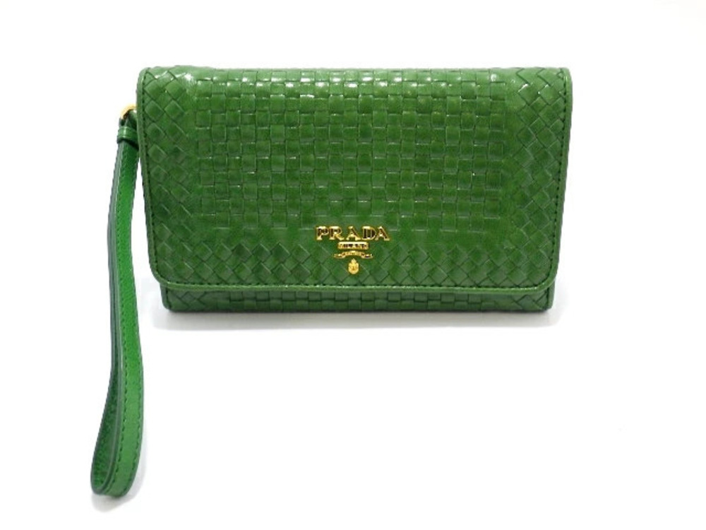Prada Bag Wallet Accessories Shoulder Zip Long Leather Green